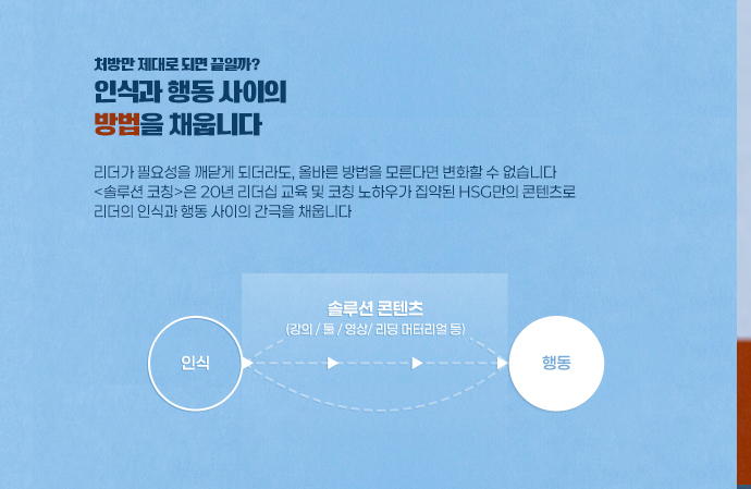 인식과 행동 사이의 방법을 채웁니다. 리더가 필요성을 깨닫게 되더라도 올바른 방법을 모른다면 변화할 수 없습니다. 솔루션 코칭은 20년 리더십 교육 및 코칭 노하우가 집약된 HSG만의 콘텐츠(강의·툴·영상·리딩 머터리얼 등)로 리더의 인식과 행동 사이의 간극을 채웁니다.